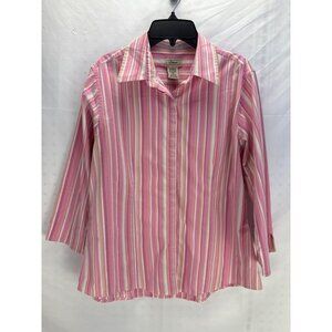 L.L. Bean Women’s Pink Striped Cotton Button Down Shirt M Preppy Office Stretch